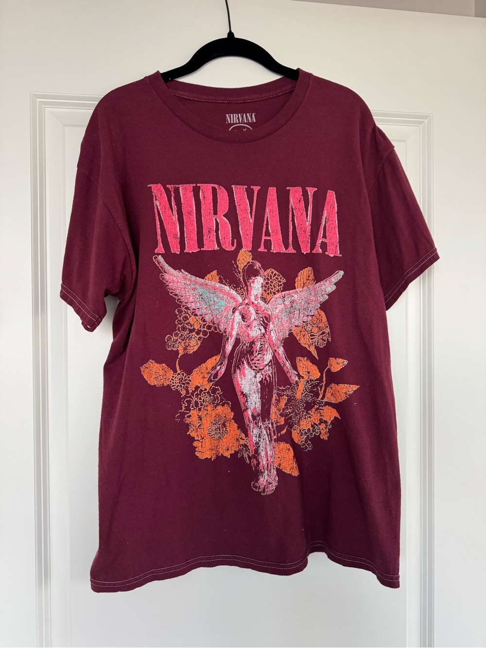 NIRVANA Women's Maroon Short-Sleeve Tee with Pink & Orange Angel Graphic
